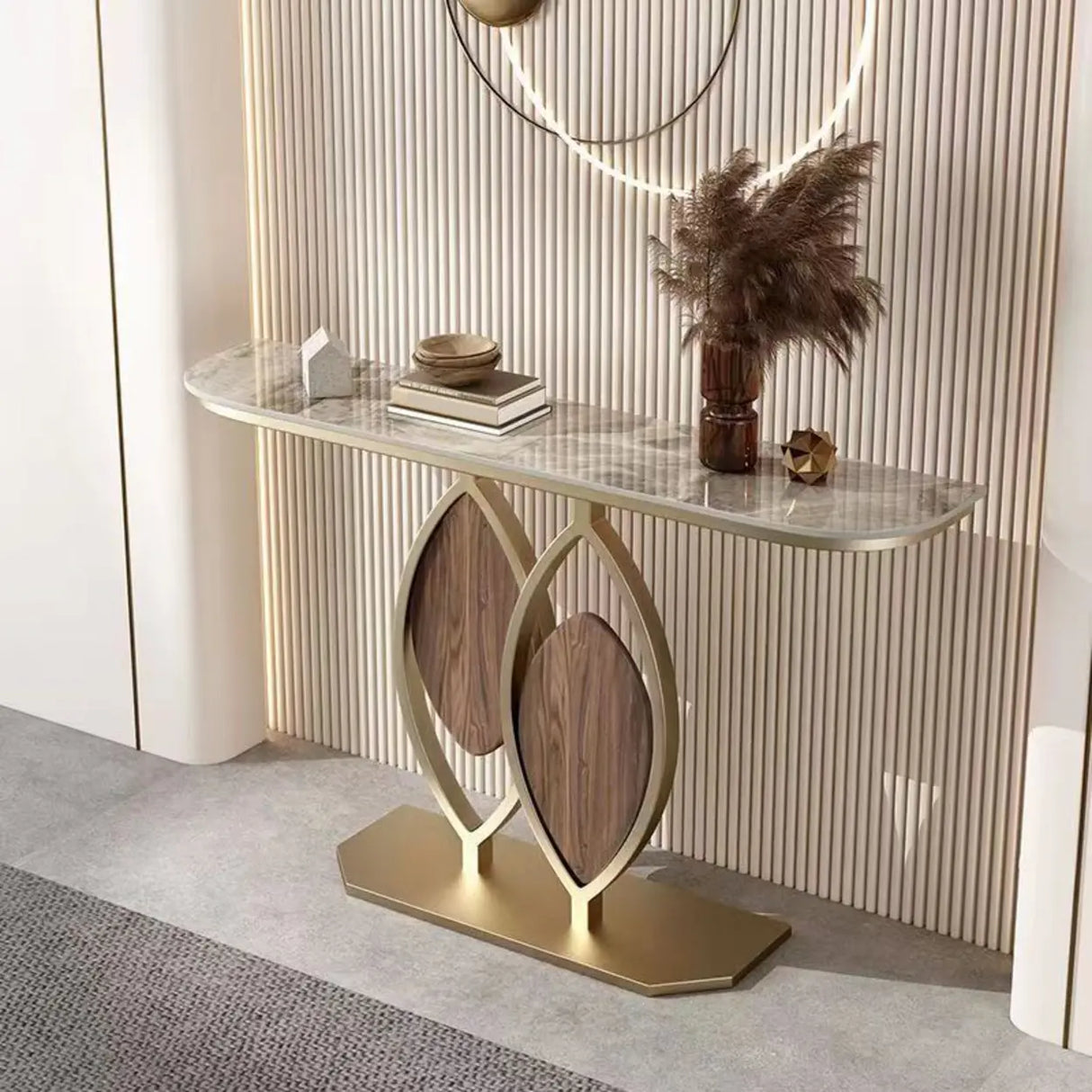 Gold Decorative Half Moon Stone Metal Console Table Image - 11
