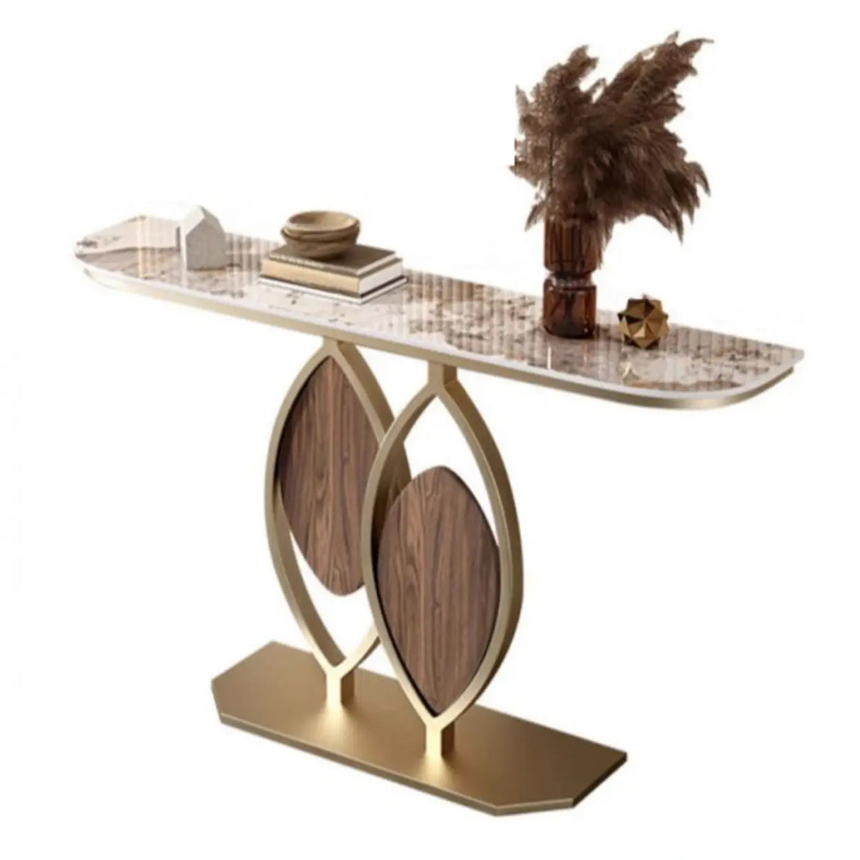 Gold Decorative Half Moon Stone Metal Console Table Image - 12