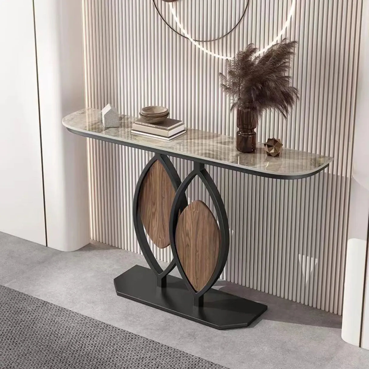 Gold Decorative Half Moon Stone Metal Console Table Image - 13