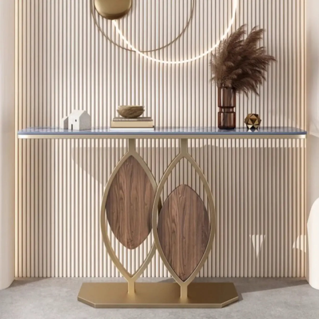 Gold Decorative Half Moon Stone Metal Console Table Image - 14