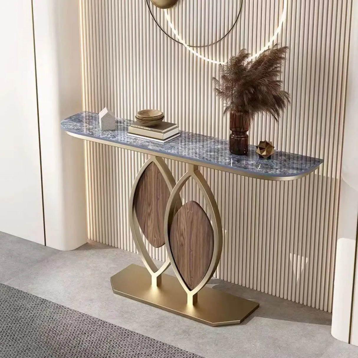 Gold Decorative Half Moon Stone Metal Console Table Image - 15