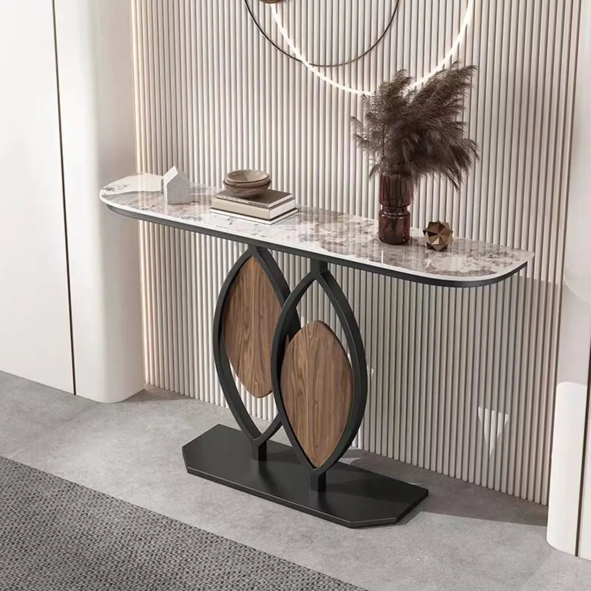 Gold Decorative Half Moon Stone Metal Console Table Image - 2