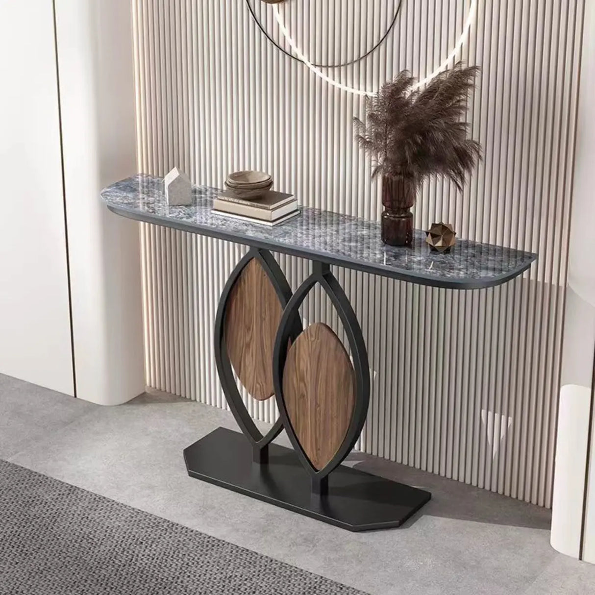 Gold Decorative Half Moon Stone Metal Console Table Image - 3