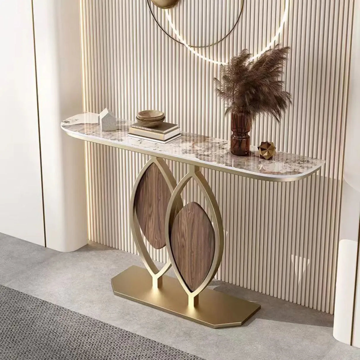Gold Decorative Half Moon Stone Metal Console Table Image - 5