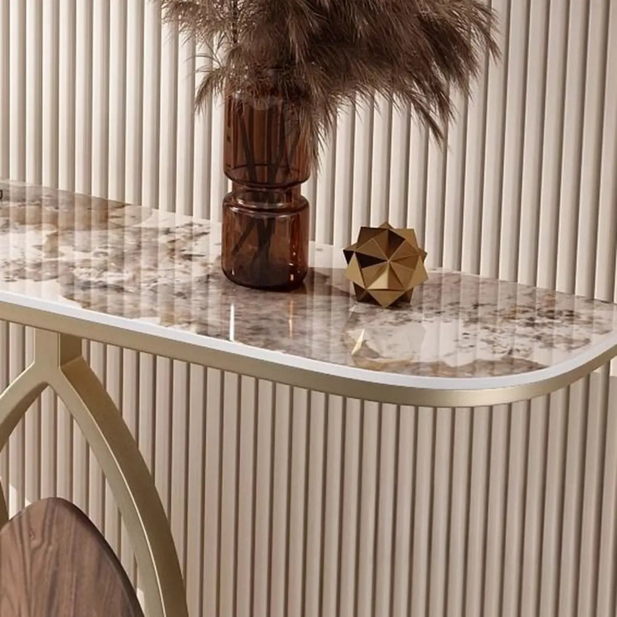 Gold Decorative Half Moon Stone Metal Console Table Image - 6