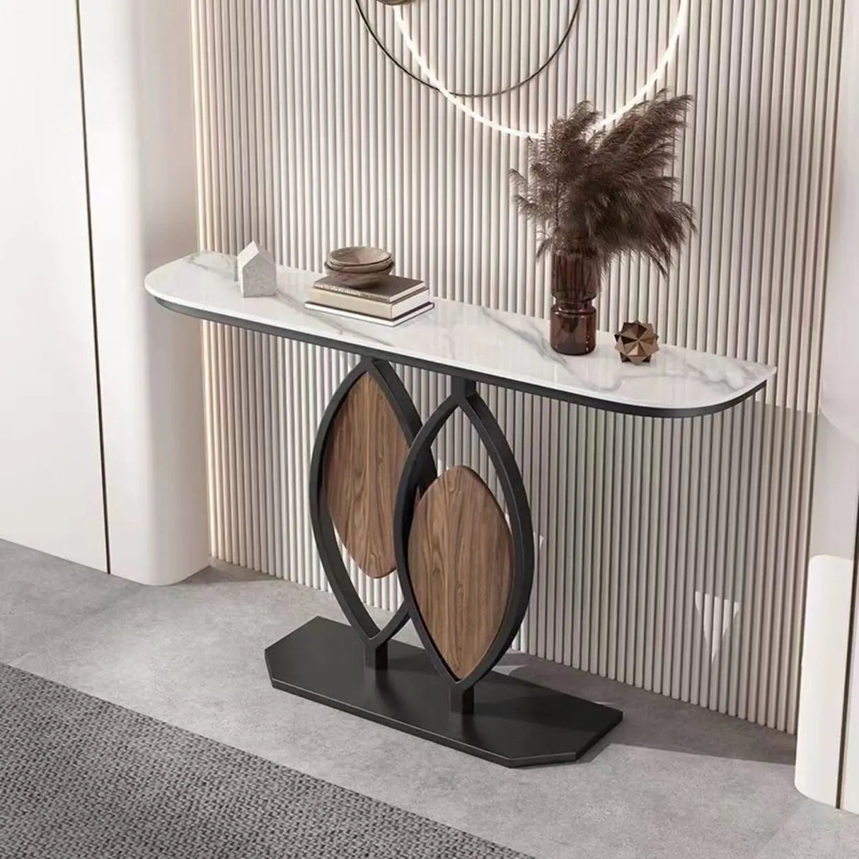 Gold Decorative Half Moon Stone Metal Console Table Image - 7