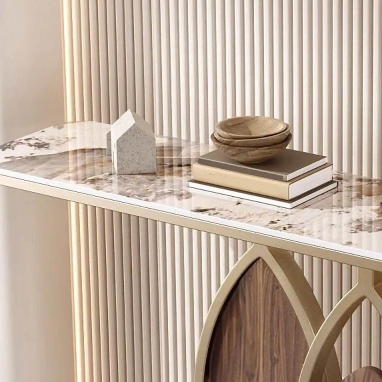 Gold Decorative Half Moon Stone Metal Console Table Image - 8
