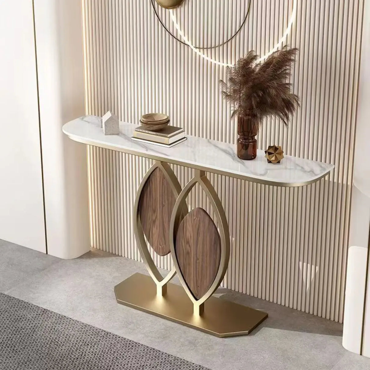 Gold Decorative Half Moon Stone Metal Console Table Image - 9