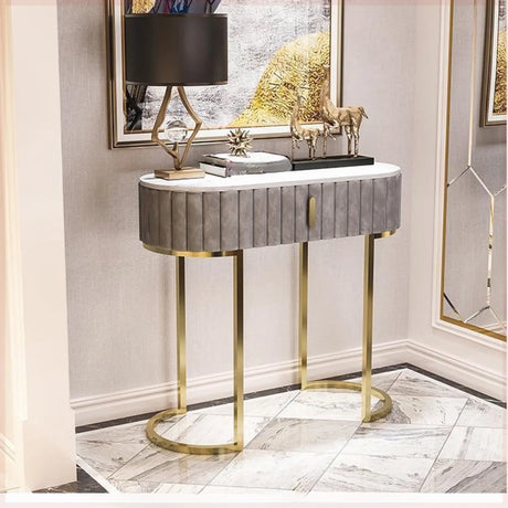 Gold Double Pedestal Oval Grey Storage Console Table Image - 1
