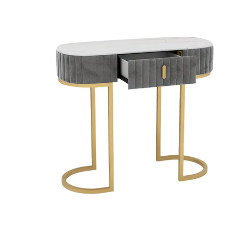 Gold Double Pedestal Oval Grey Storage Console Table Image - 2