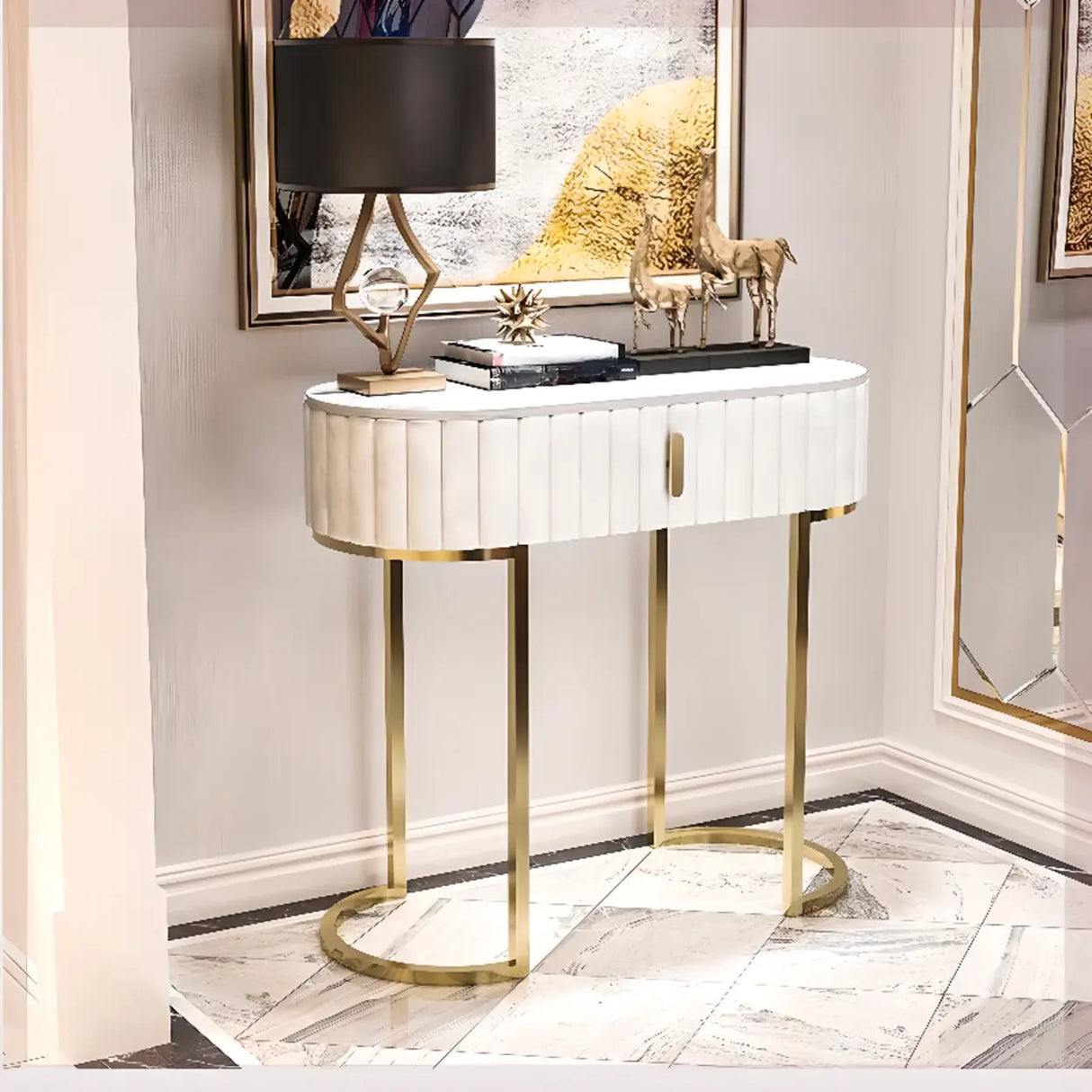 Gold Double Pedestal Oval Grey Storage Console Table Image - 4
