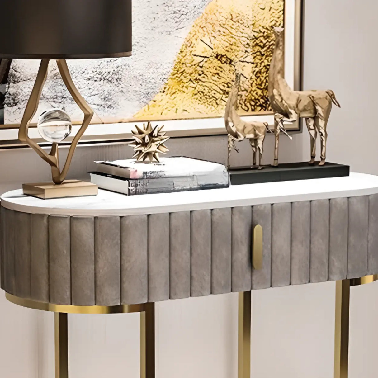Gold Double Pedestal Oval Grey Storage Console Table Image - 5