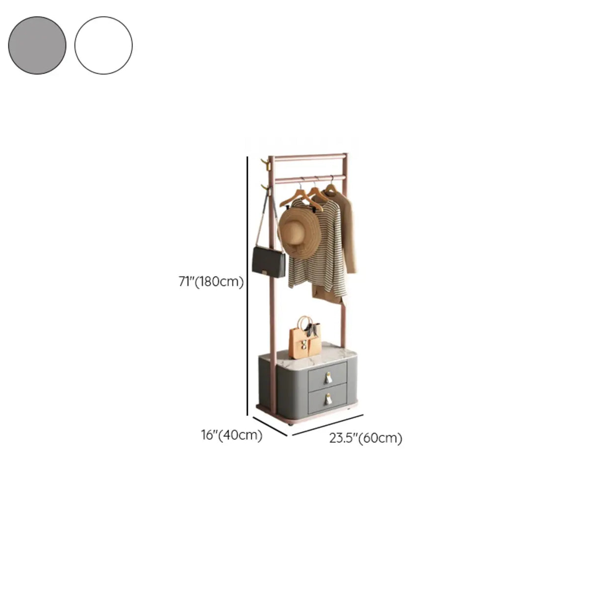 Gold Metal Frame Hooks Hall Stand with Grey Drawers 