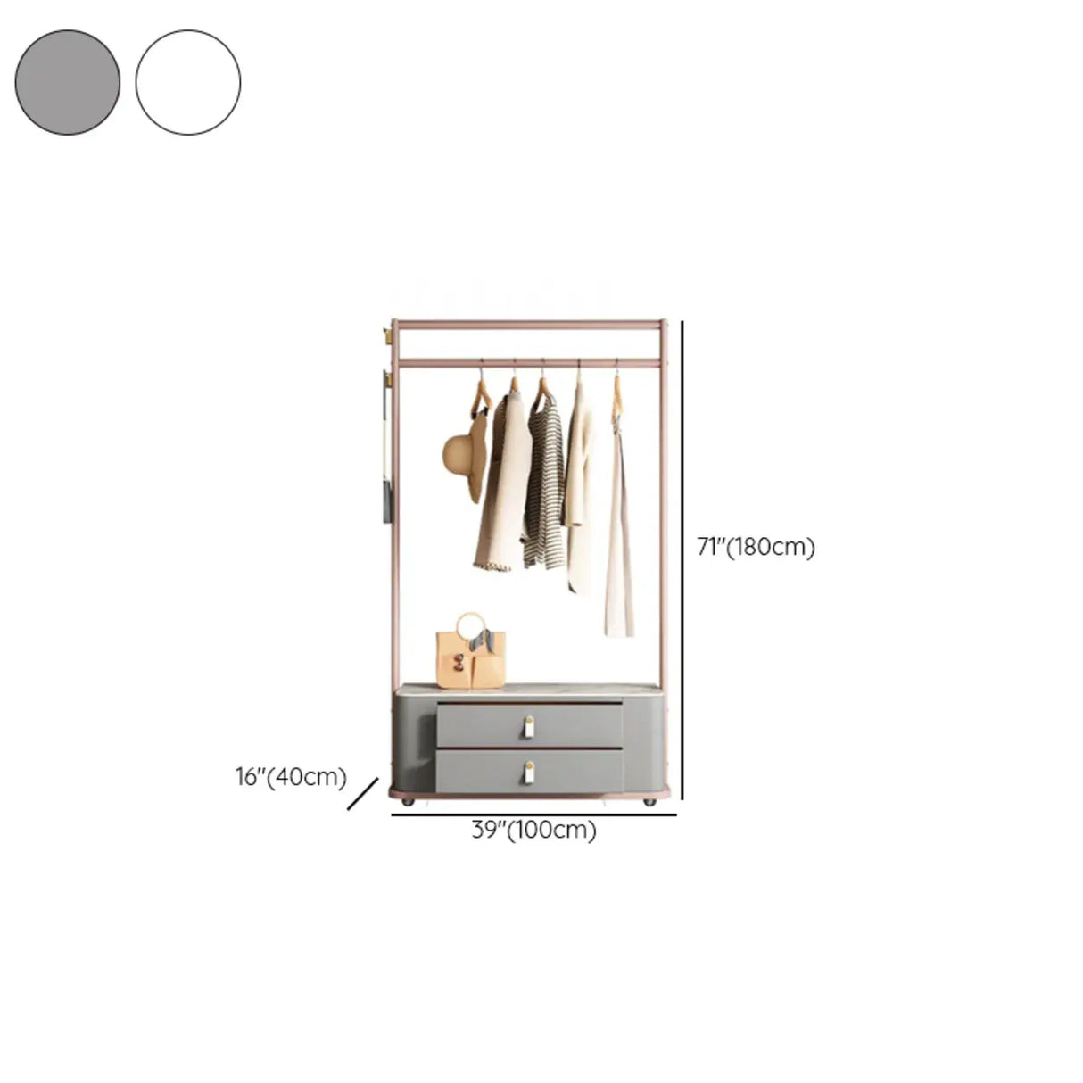 Gold Metal Frame Hooks Hall Stand with Grey Drawers Image - 20