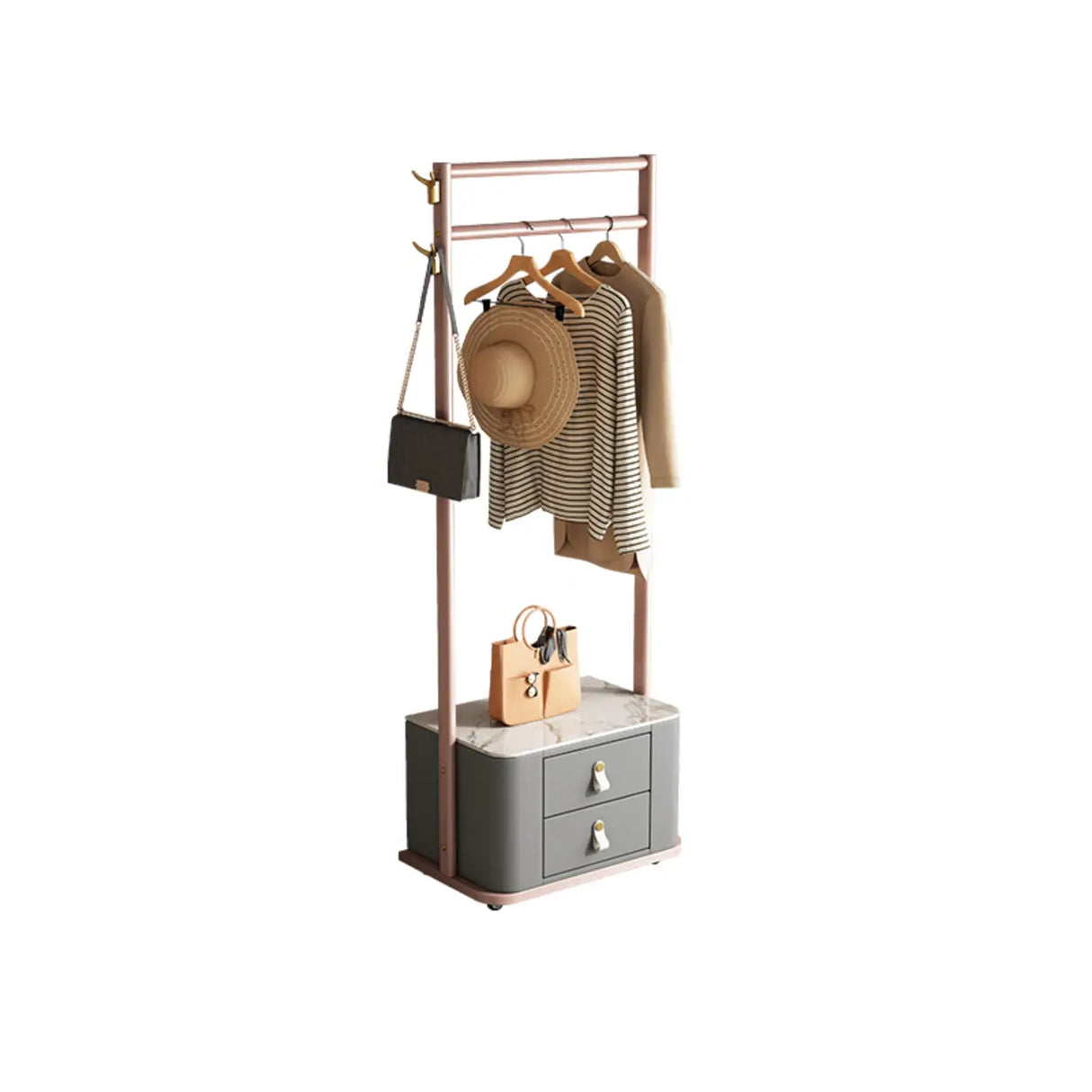 Gold Metal Frame Hooks Hall Stand with Grey Drawers Image - 7
