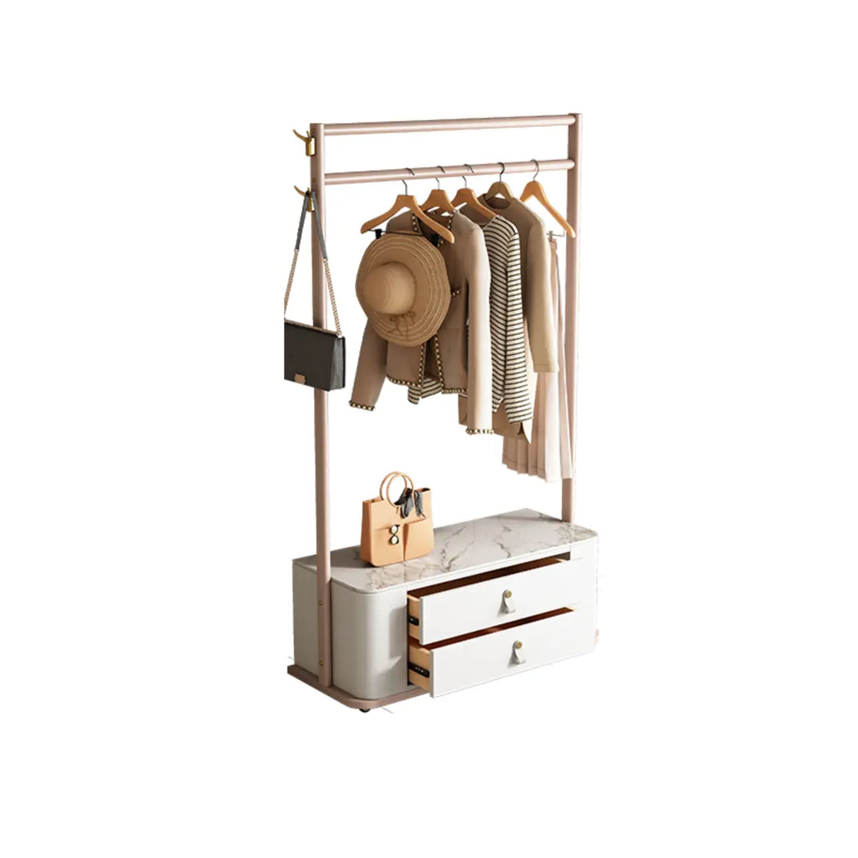 Gold Metal Frame Hooks Hall Stand with Grey Drawers Image - 9