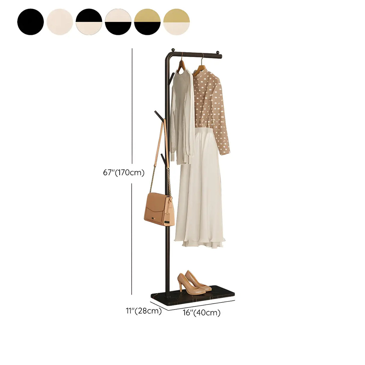 Gold Metal Marble Base Freestanding Coat Rack with Hooks 