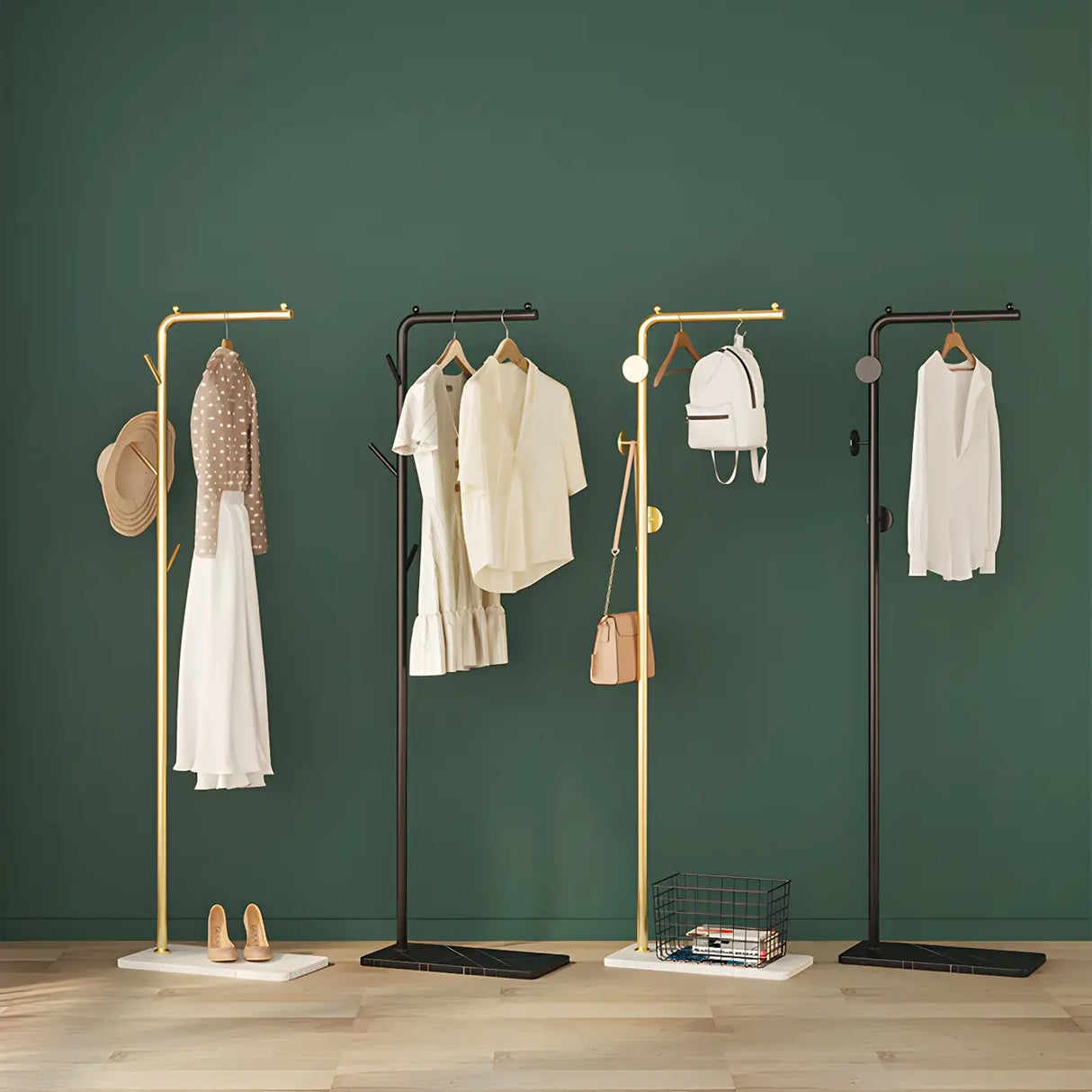 Gold Metal Marble Base Freestanding Coat Rack with Hooks Image - 6