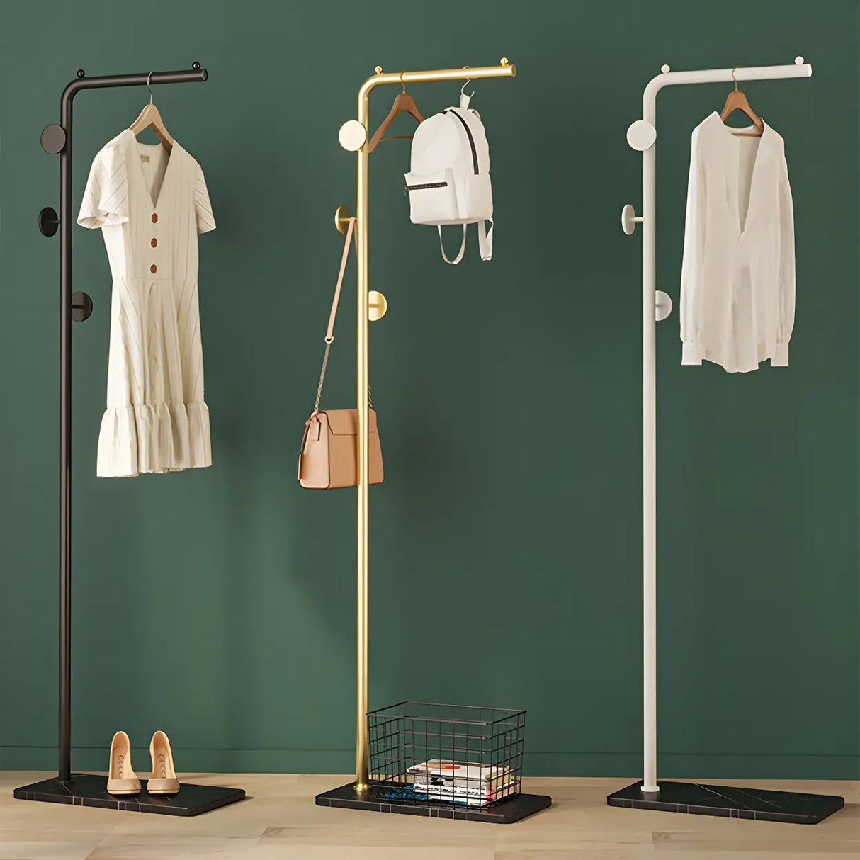 Gold Metal Marble Base Freestanding Coat Rack with Hooks Image - 7