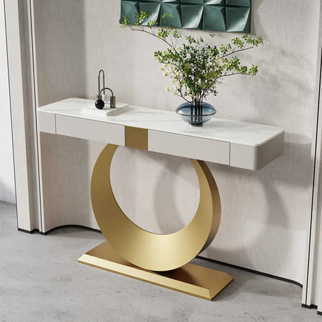 Gold Metal Ring Base Marble Top Storage Console Table Image - 1