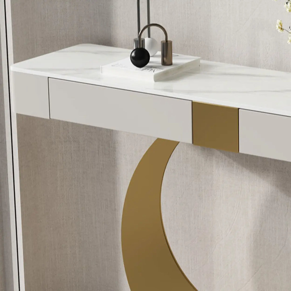 Gold Metal Ring Base Marble Top Storage Console Table Image - 13