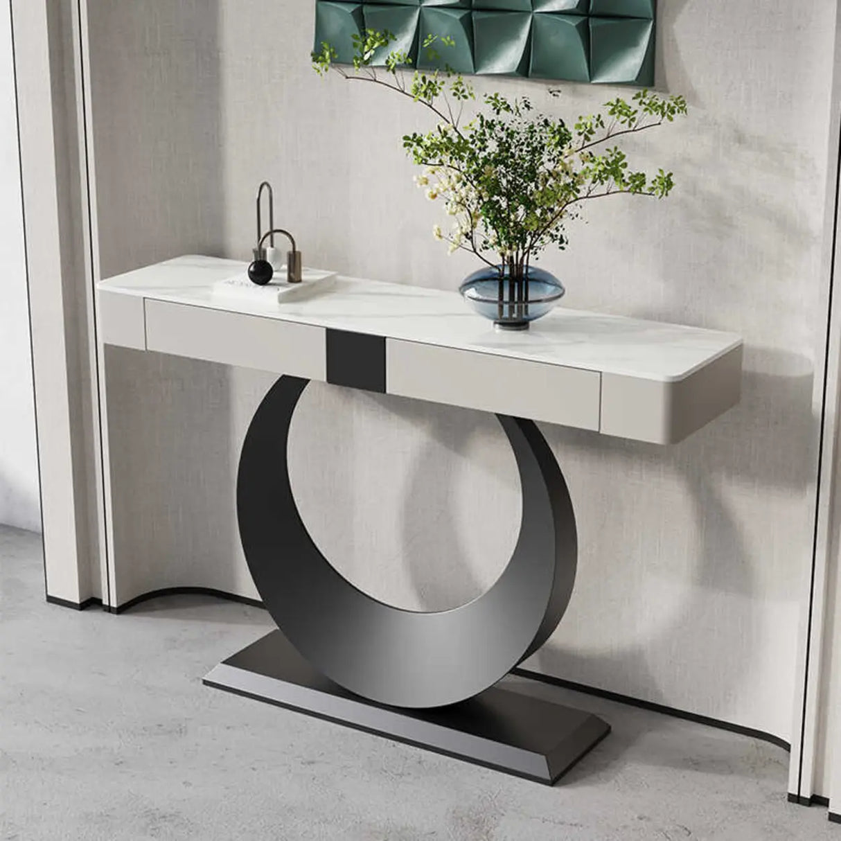 Gold Metal Ring Base Marble Top Storage Console Table Image - 4