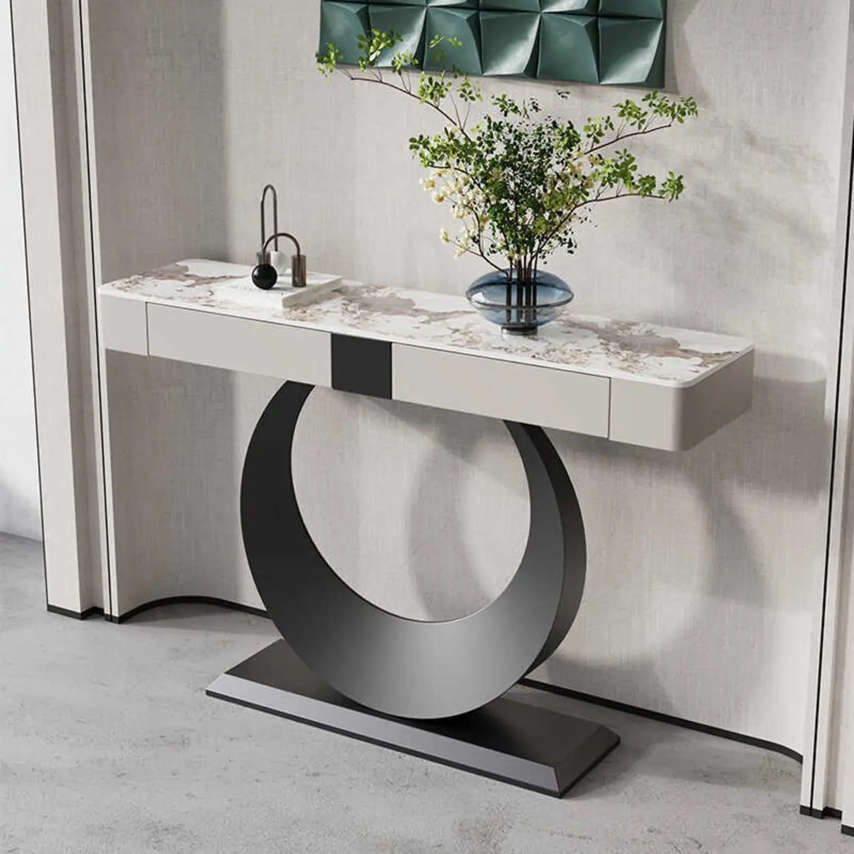 Gold Metal Ring Base Marble Top Storage Console Table Image - 6