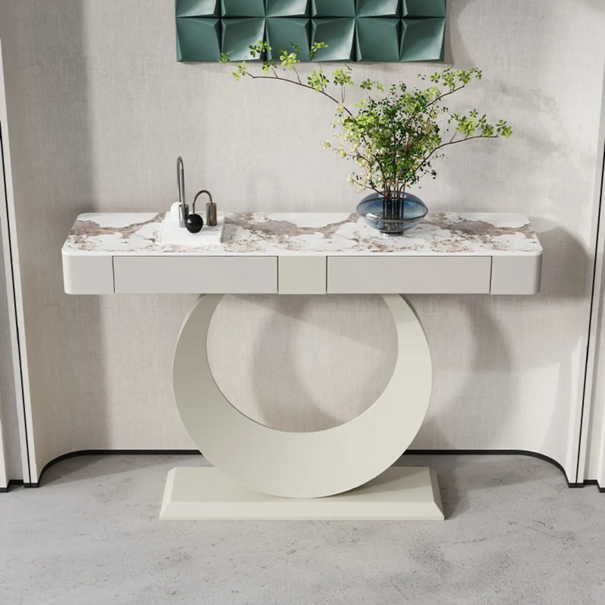 Gold Metal Ring Base Marble Top Storage Console Table Image - 8