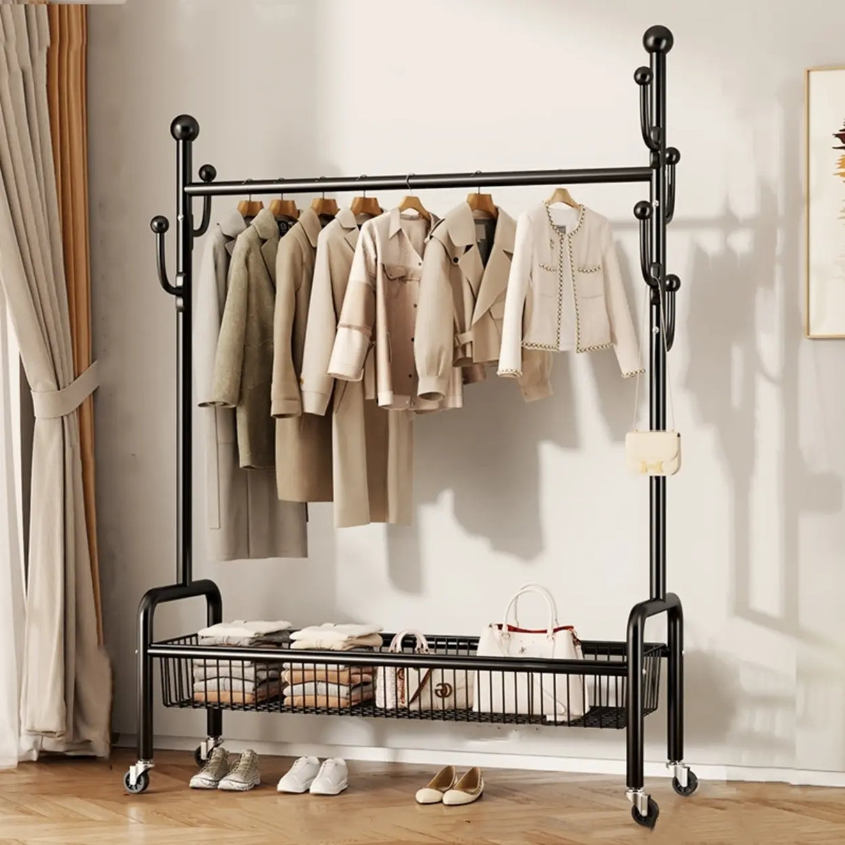 Gold Metal Rolling Freestanding Coat Rack with Shelves Image - 2