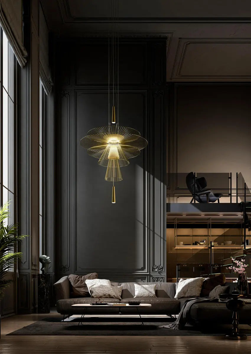 Gold Metal Tiered 2-Light Geometric Foyer Chandelier Image - 12