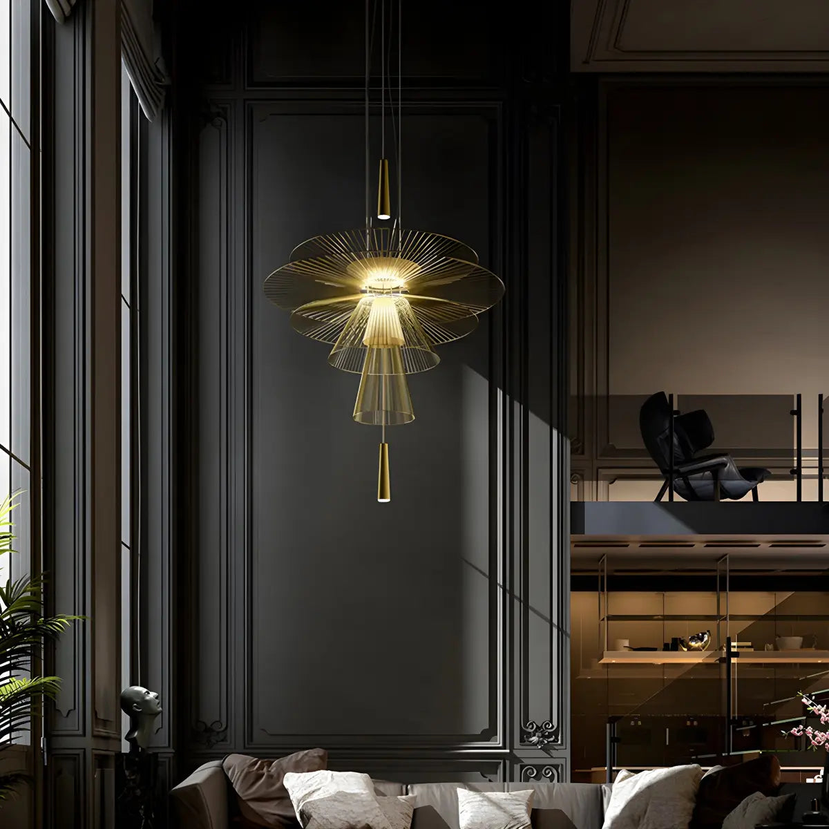 Gold Metal Tiered 2-Light Geometric Foyer Chandelier Image - 6