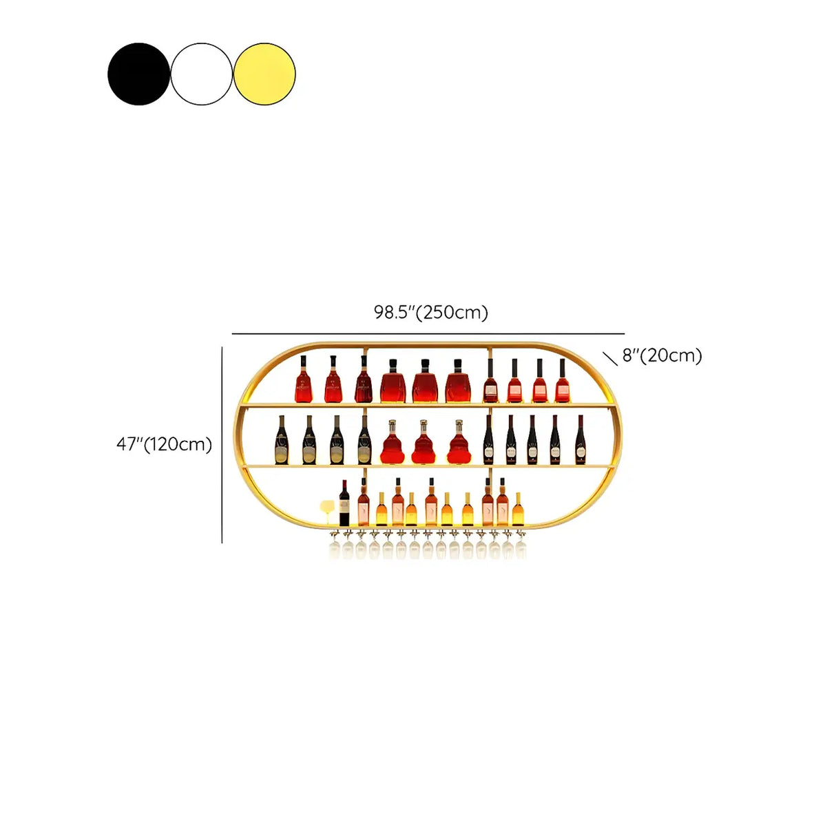 Gold Oval Iron Floating Wall Bar Wine Rack Stemware Holder 