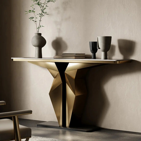 Gold Pedestal Base Geometric Stone Top Console Table Image - 1