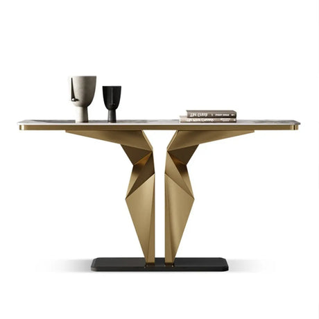 Gold Pedestal Base Geometric Stone Top Console Table Image - 2