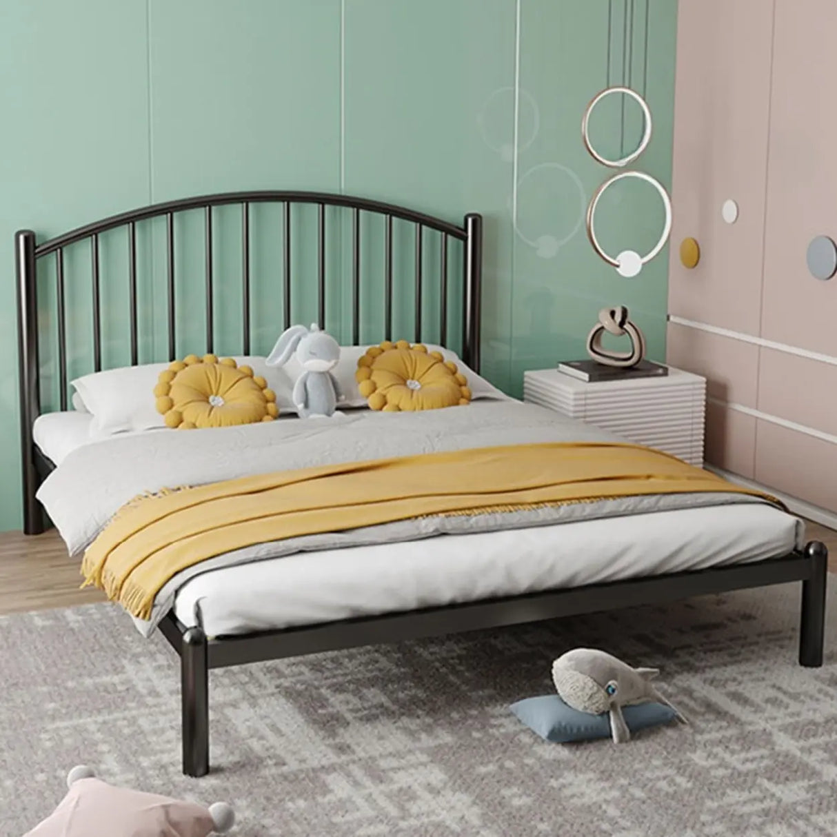Gold Queen Arched Stainless Steel Headboard Panel Bed Image - 15