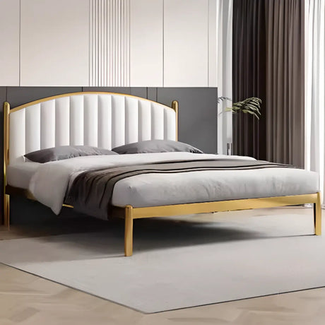 Gold Queen Modern Metal Upholstered Headboard Panel Bed Image - 1