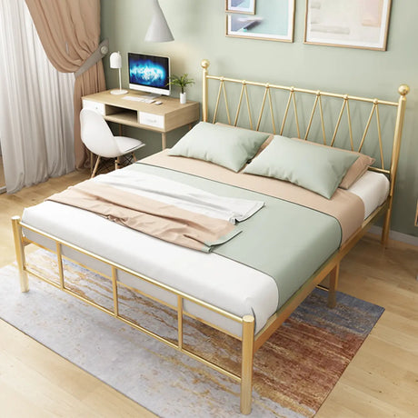 Gold Queen Rectangular Metal Bed with Panel Headboard Image - 1