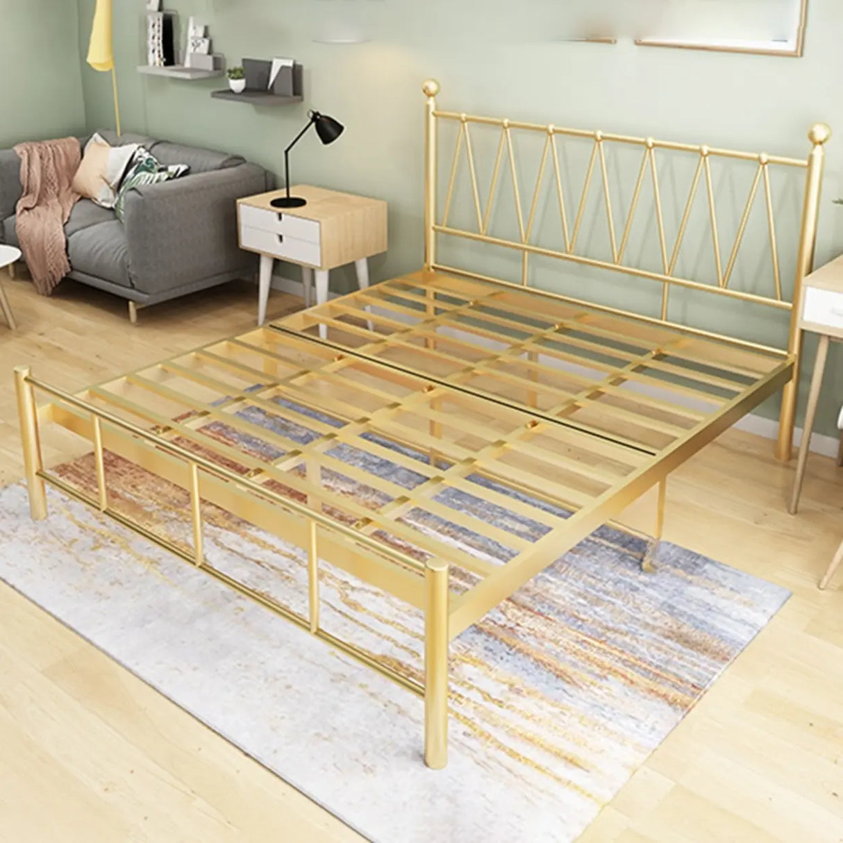 Gold Queen Rectangular Metal Bed with Panel Headboard Image - 14