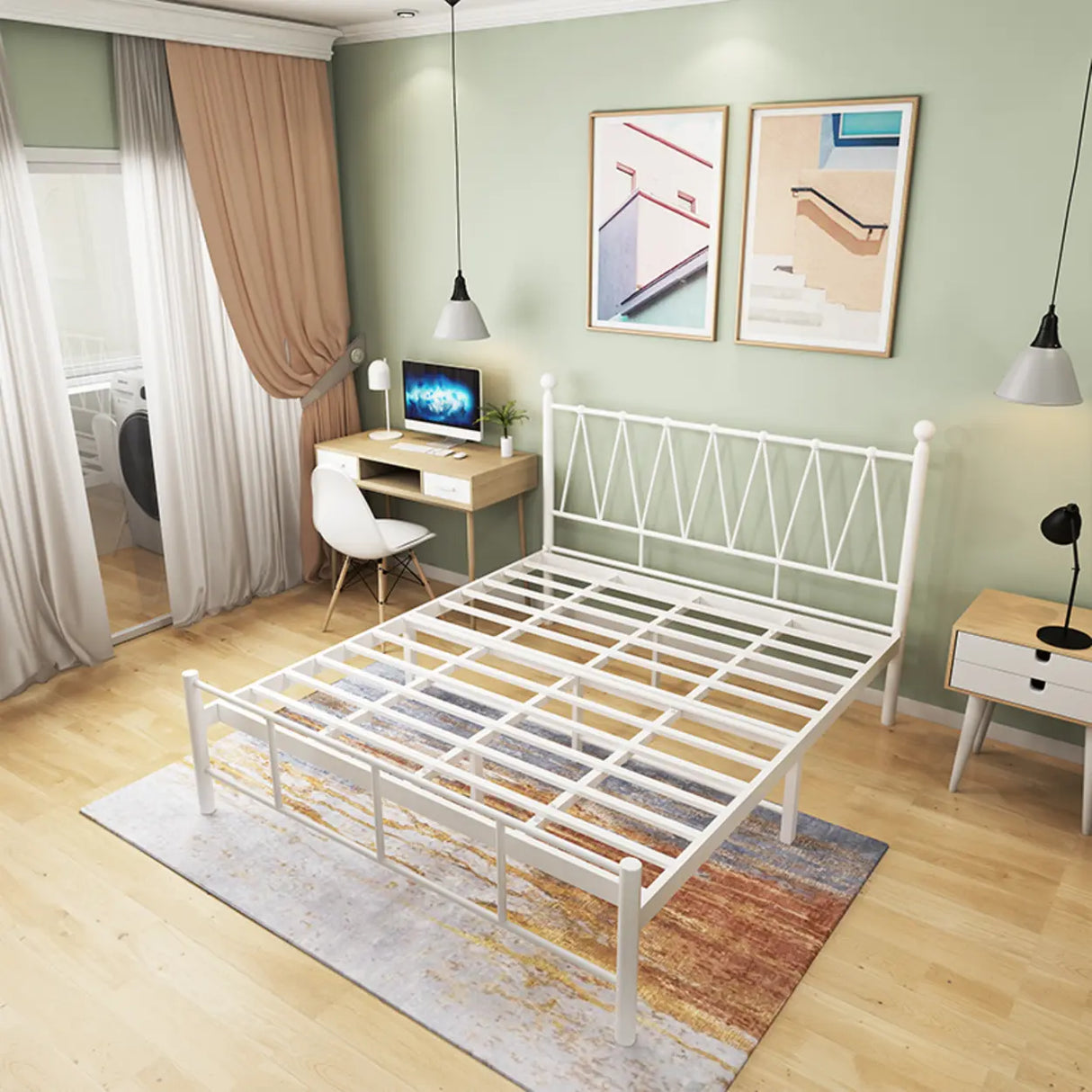Gold Queen Rectangular Metal Bed with Panel Headboard Image - 3