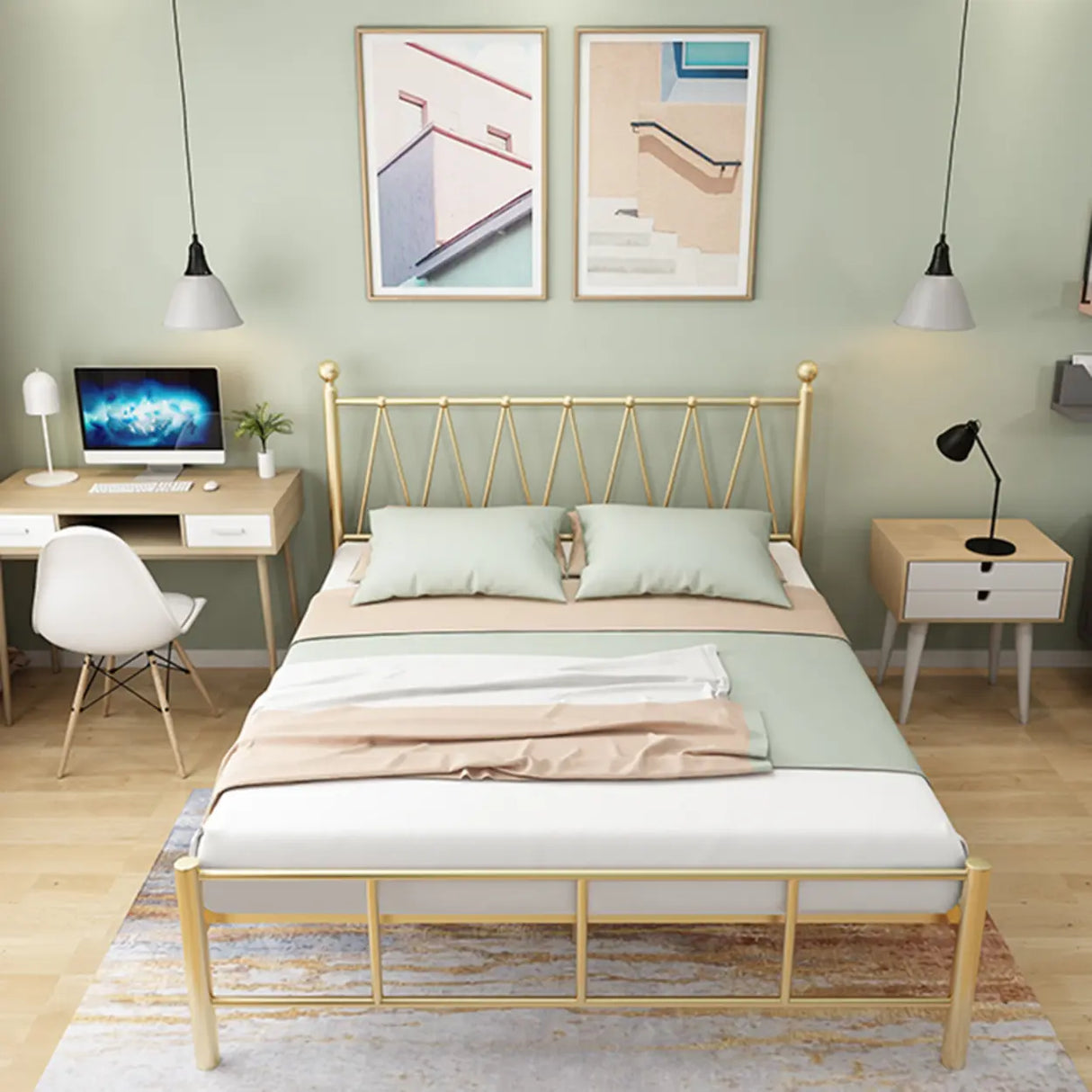 Gold Queen Rectangular Metal Bed with Panel Headboard Image - 4