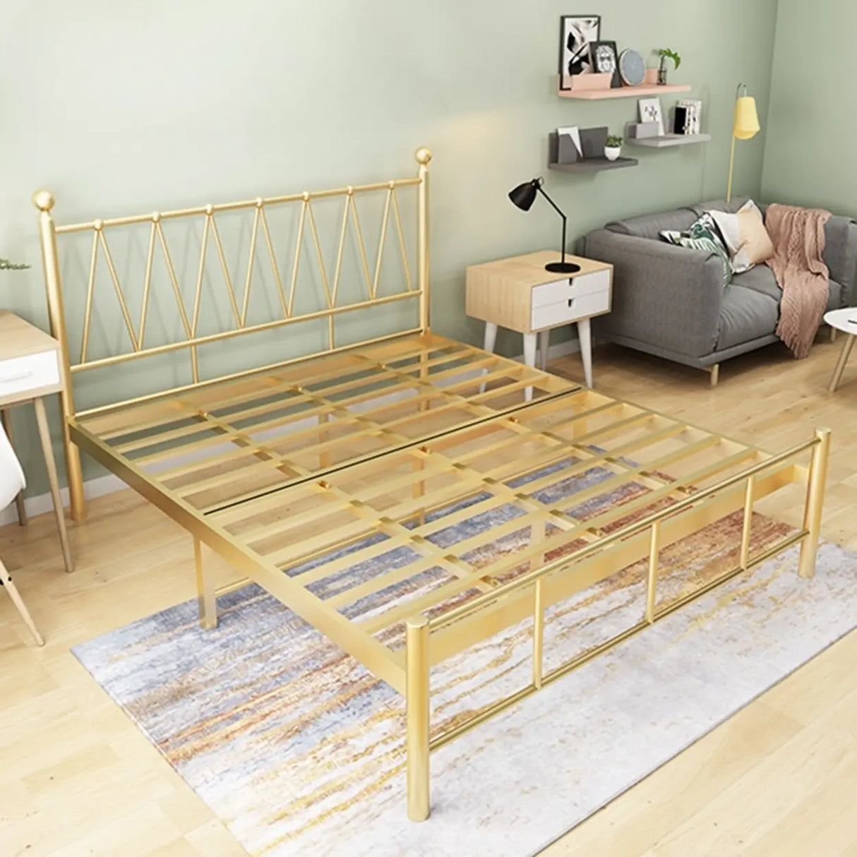 Gold Queen Rectangular Metal Bed with Panel Headboard Image - 5