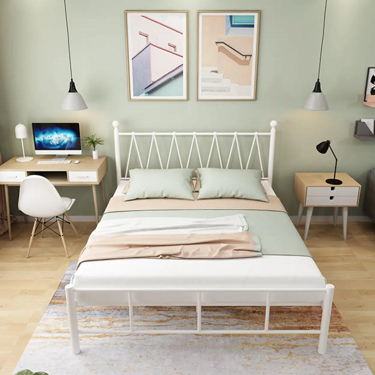 Gold Queen Rectangular Metal Bed with Panel Headboard Image - 6