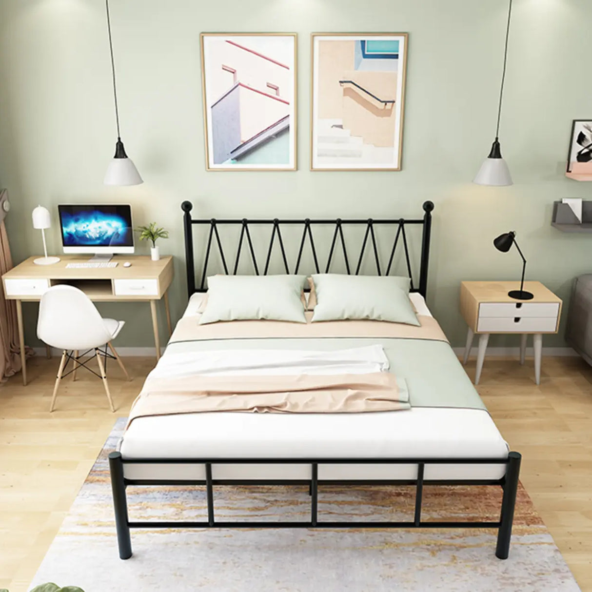 Gold Queen Rectangular Metal Bed with Panel Headboard Image - 7