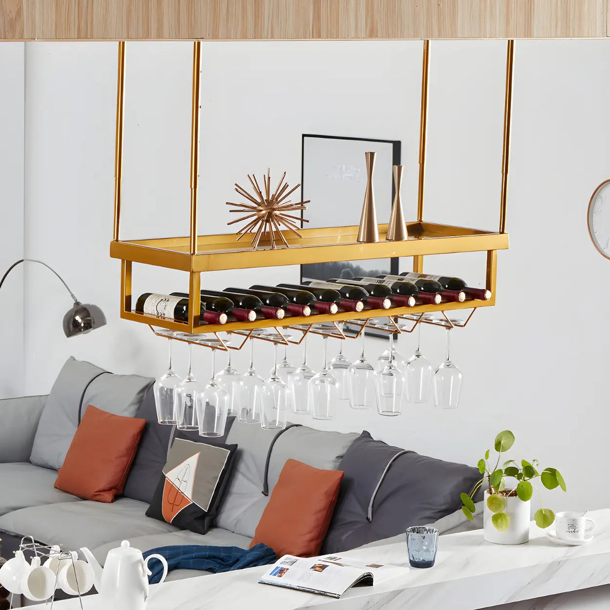 Gold Rectangle Metal Large Wine Rack with Glass Holder Image - 6