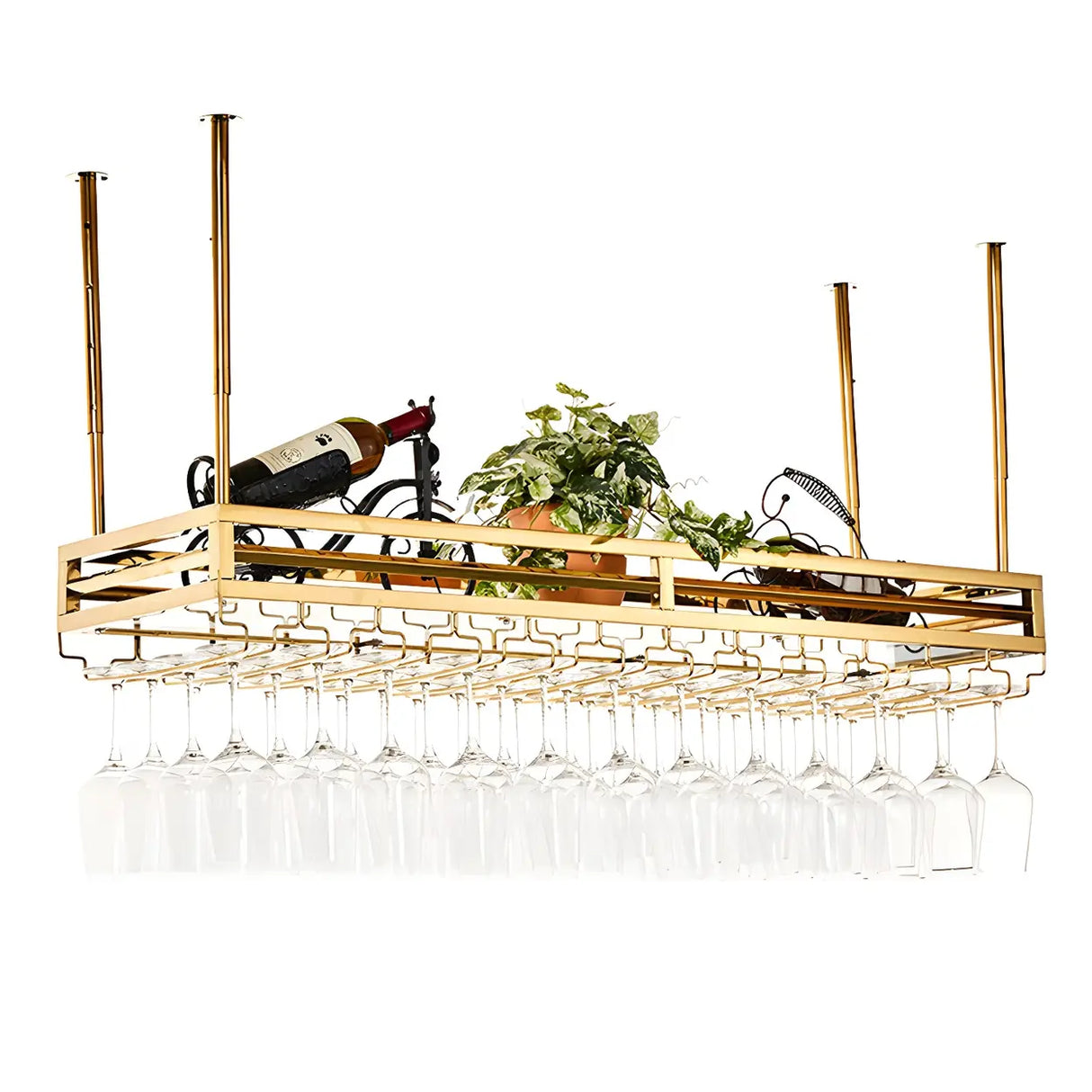 Gold Rectangular Metal Hanging Bar Adjustable Wine Glass Rack Image - 10