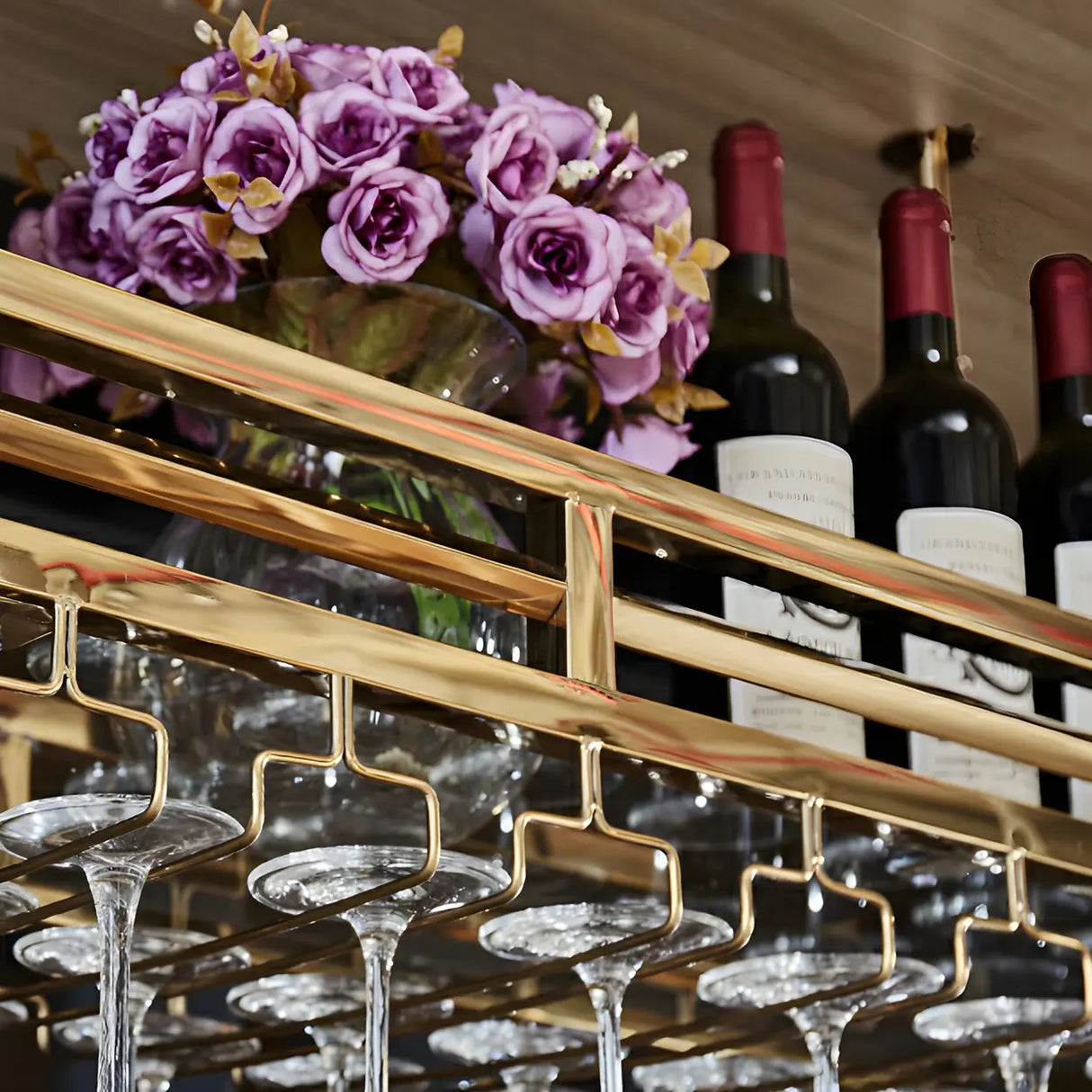 Gold Rectangular Metal Hanging Bar Adjustable Wine Glass Rack Image - 13