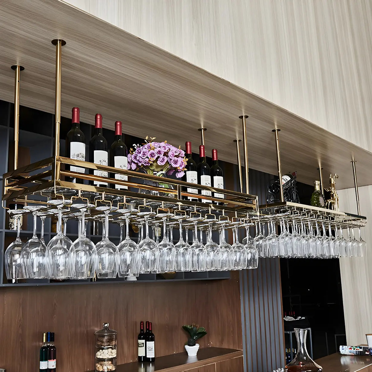 Gold Rectangular Metal Hanging Bar Adjustable Wine Glass Rack Image - 5