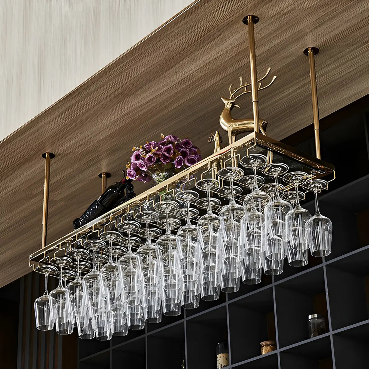 Gold Rectangular Metal Hanging Bar Adjustable Wine Glass Rack Image - 8