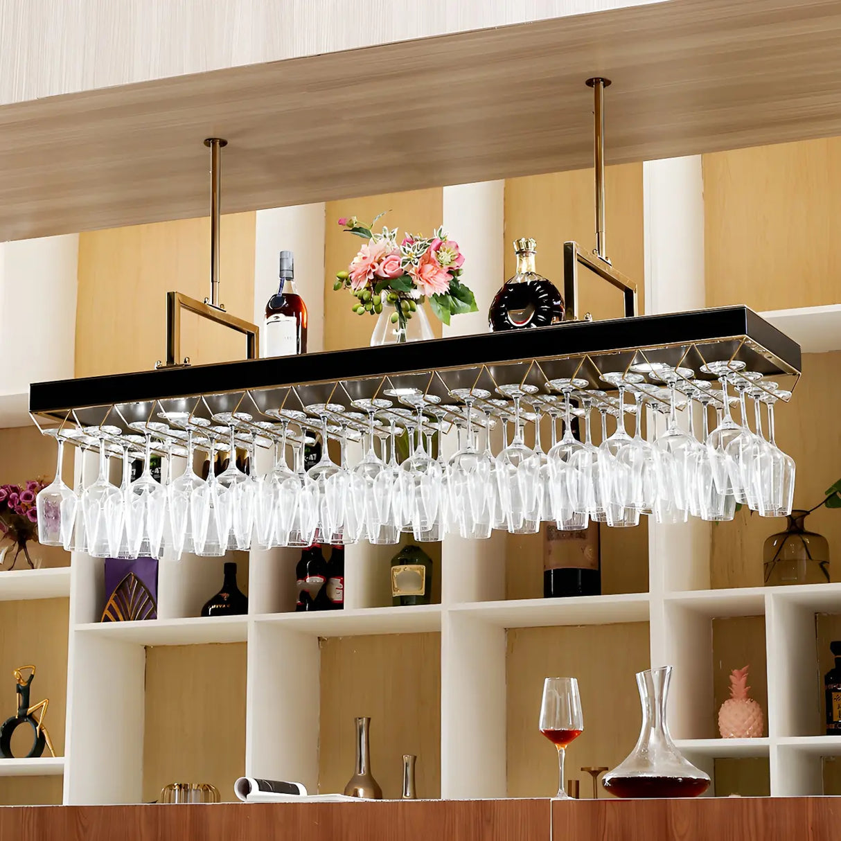 Gold Rectangular Metal Hanging Wine Rack Glass Holder Image - 4