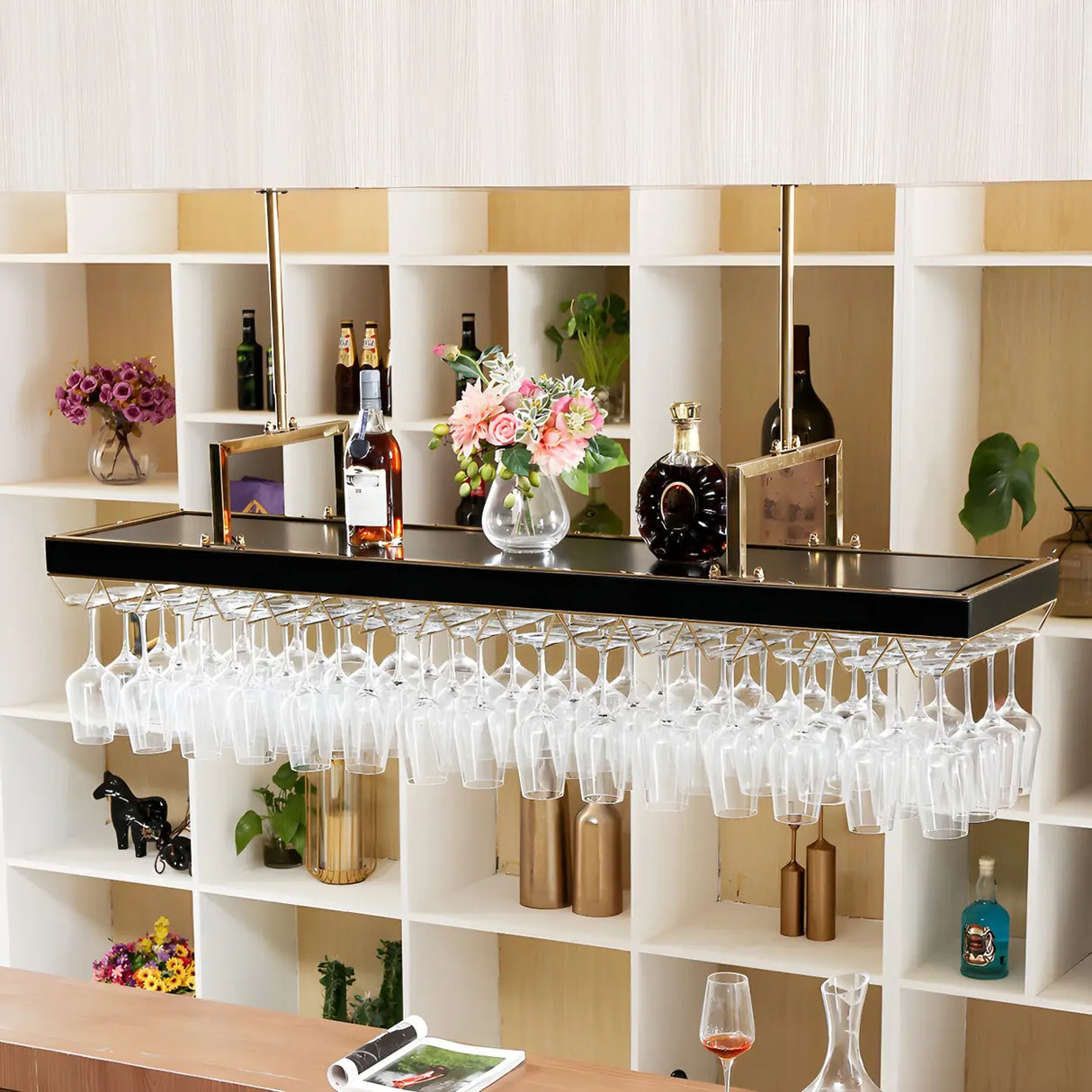 Gold Rectangular Metal Hanging Wine Rack Glass Holder Image - 5